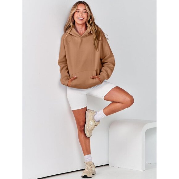 Women Light Brown Hoodies Oversized Fleece Long Sleeve Comfy Casual Sweatshirts - Picture 9 of 9